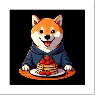 Shiba Inu Loves Strawberry Pancakes Posters and Art